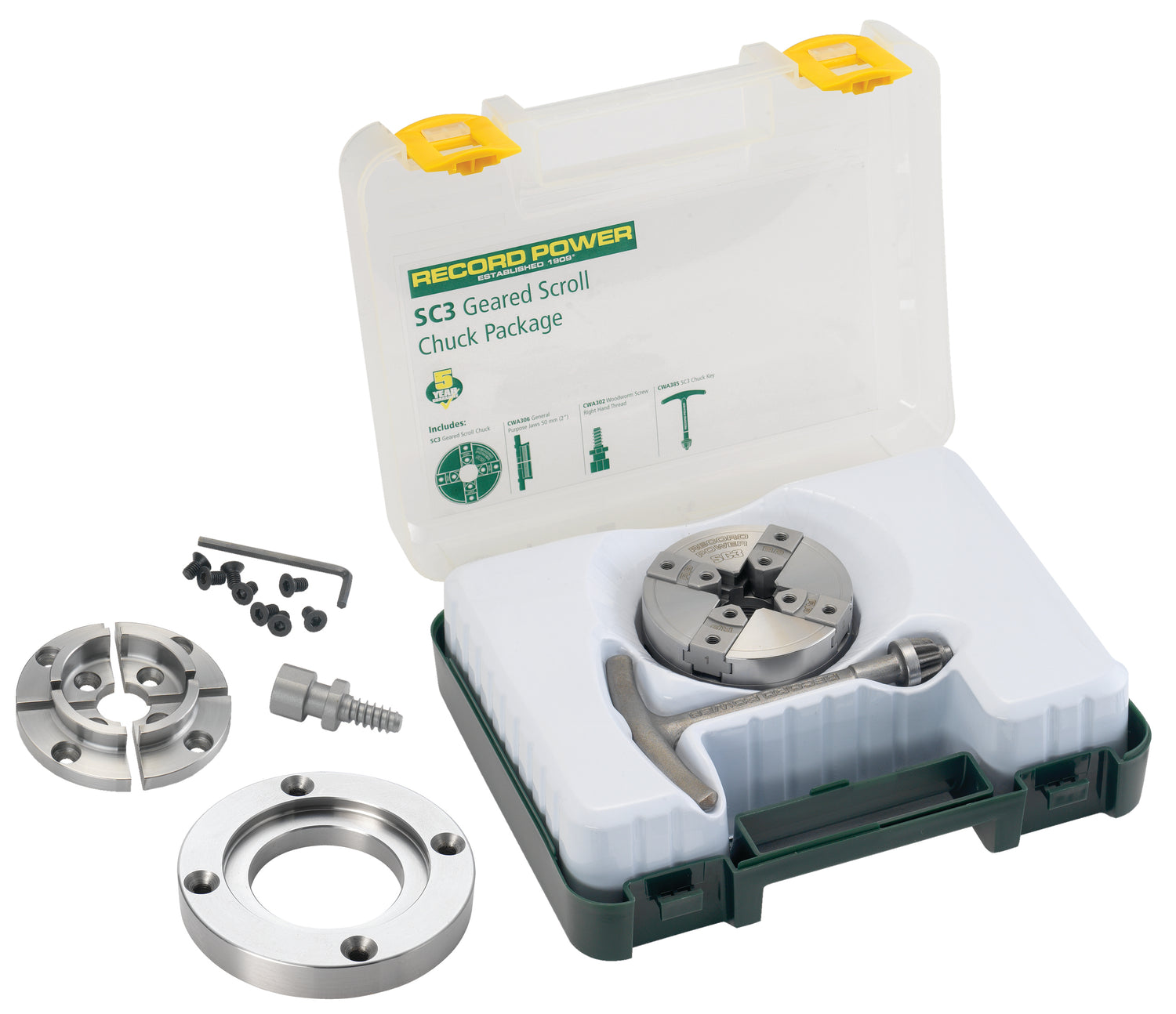 Mandrino Record Power SC3 con attacco 3/4” x 16 TPI, completo di ganasce standard da 50 mm, flangia da 3,5” e vite per legno per tornitura precisa e sicura.