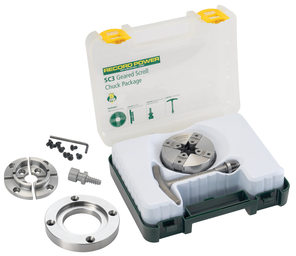 Mandrino Record Power SC3 M33 x 3.5 compatto e leggero, completo di ganasce standard da 50 mm, flangia da 3,5” e vite per legno per tornitura di precisione.