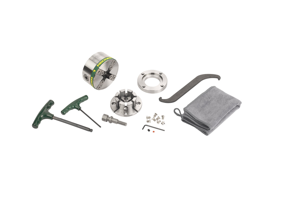 Mandrino Record Power Victory M33 DT con ganasce modulari VersaLock da 50 mm, anello flangia e accessori completi per tornitura professionale del legno.