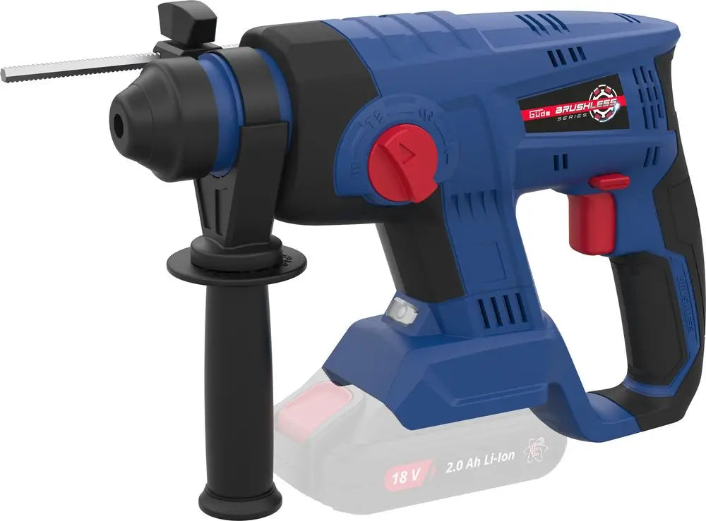 Martello perforatore Guede BH 18-0 BL con motore Brushless 18V, attacco SDS Plus, energia d’impatto da 2,2J e impugnatura ausiliaria regolabile.