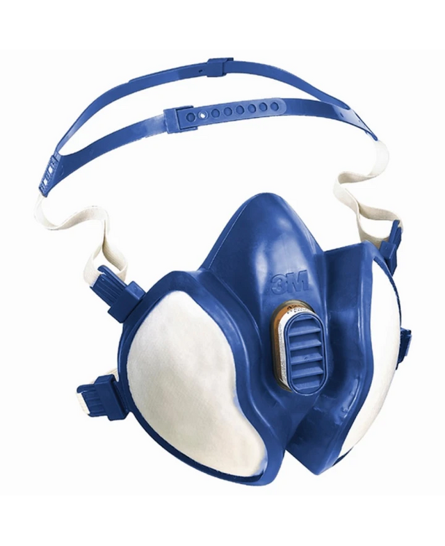Maschera semifacciale 3M™ Maintenance Free 4251+ in elastomero morbido, con doppio filtro a carbone attivo integrato per vapori organici e particelle solide.