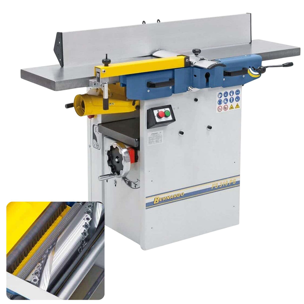 Vista completa della Pialla a filo e spessore FS 310 PS Bernardo con tavoli in ghisa da 1400 mm, guida prismatica inclinabile e albero a spirale con inserti in metallo duro.