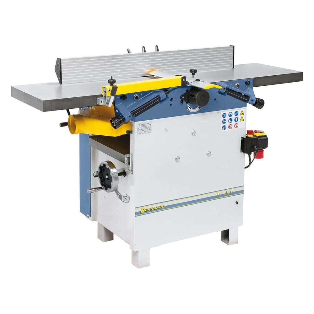 Pialla a filo e spessore Bernardo PT 410 400 V con tavoli in ghisa, recinzione inclinabile e albero pialla a 4 coltelli HSS, ideale per lavorazioni professionali e precise del legno.