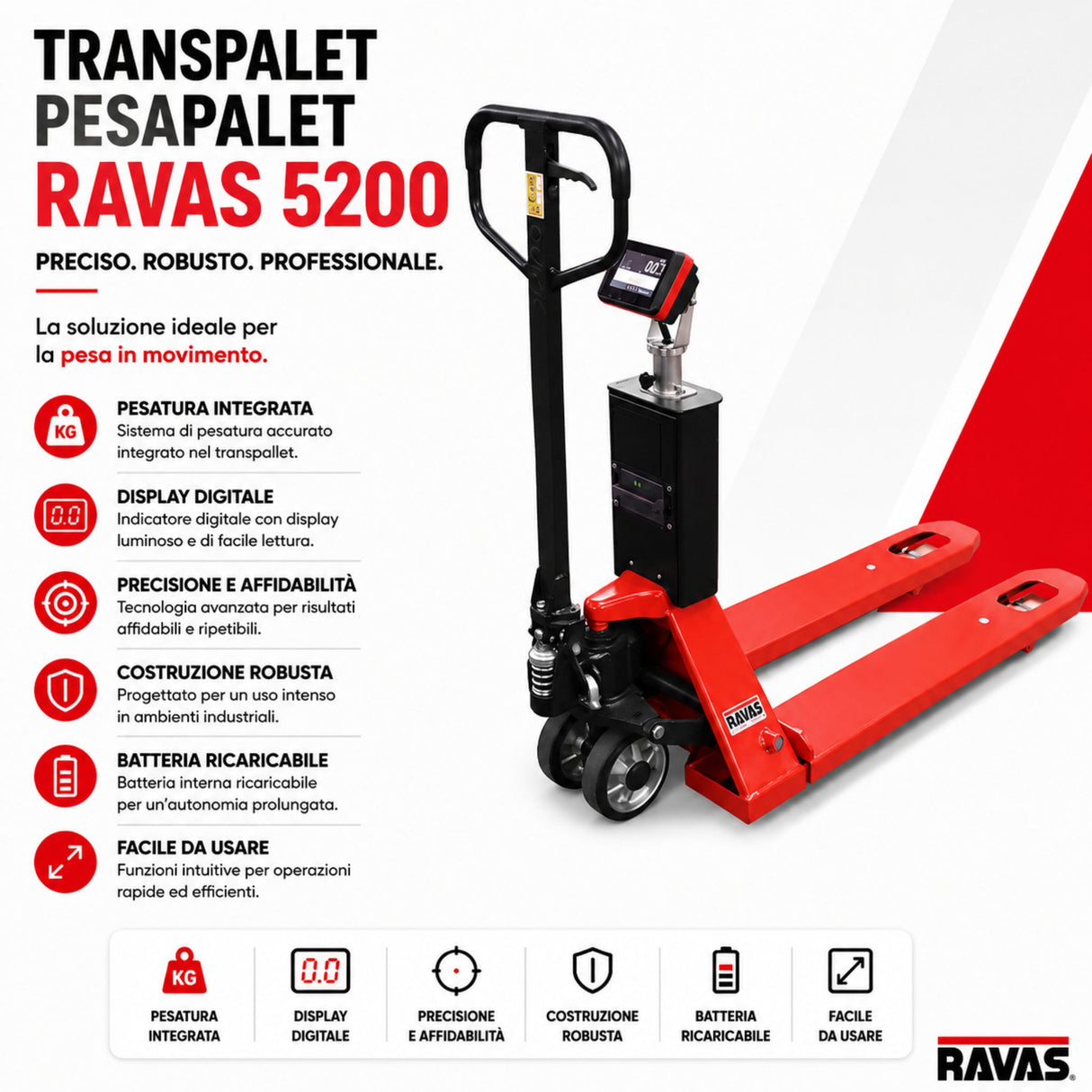 RAVAS 5200 tehtnica za paletne vozičke - 5-palčni zaslon na dotik, večnamenski razpon 0,2/0,5/1 kg