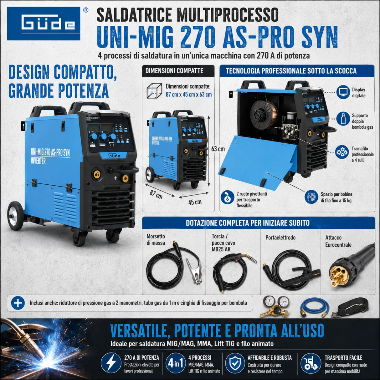Večprocesni varilni aparat Güde Uni-Mig 270 AS-Pro SYN – trifazni inverter 400V, MIG/MAG, MMA, polnjena žica in TIG