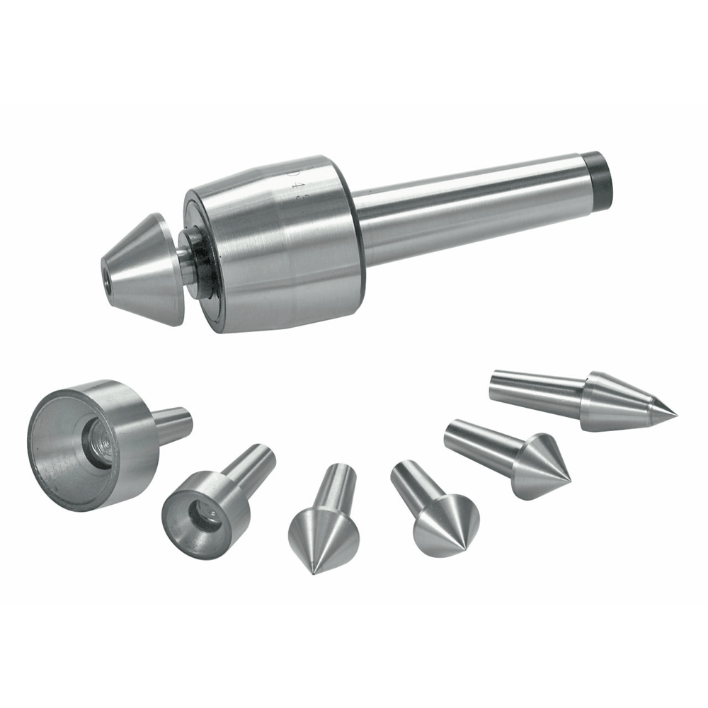  Vista completa della punta rotante montata su cono Morse MK 2, con i sette inserti di centraggio intercambiabili disposti a ventaglio. Ideale per lavori di precisione su torni.