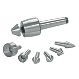  Vista completa della punta rotante montata su cono Morse MK 2, con i sette inserti di centraggio intercambiabili disposti a ventaglio. Ideale per lavori di precisione su torni.