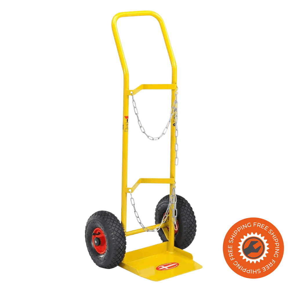 Carrello portabombole Ravendo BT 122 L in acciaio verniciato a polvere giallo, con ruote pneumatiche Ø3.00×4”, portata 125 kg e dimensioni compatte.