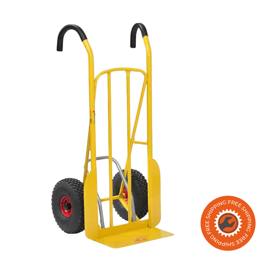 Carrello portapacchi Ravendo Ergo Sack Truck CLS 250 LLS ERGO in acciaio giallo, con manico ergonomico e capacità fino a 250 kg.

