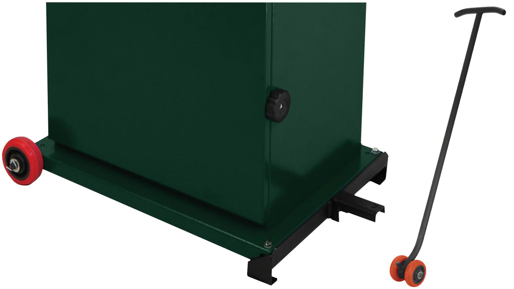 Il kit mostra la base della sega a nastro Sabre 350 montata su ruote e la barra di sollevamento che permette la movimentazione con una sola persona.