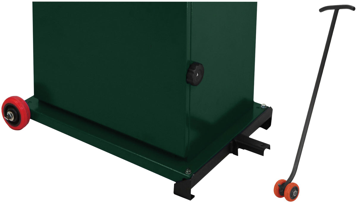 Il kit mostra la base della sega a nastro Sabre 350 montata su ruote e la barra di sollevamento che permette la movimentazione con una sola persona.