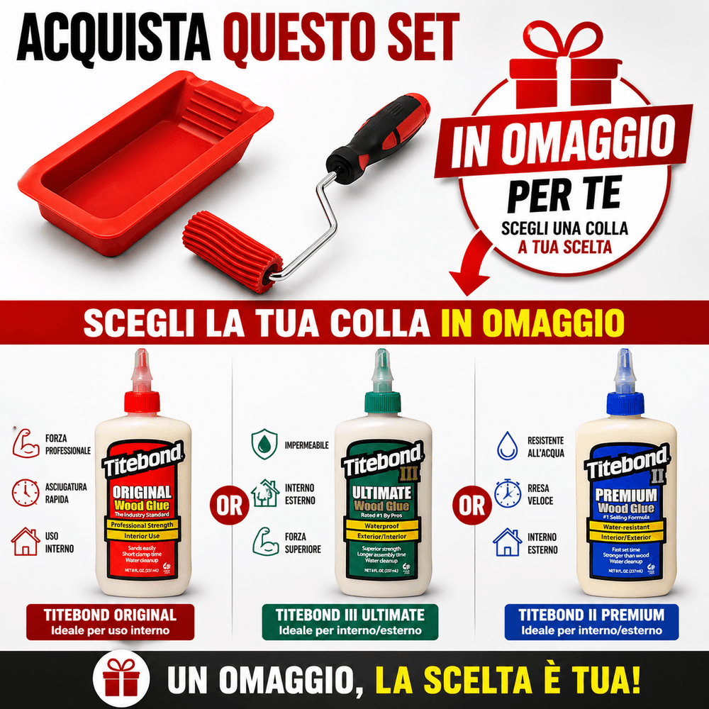 Kit IGM con rullo in silicone Ø 20 mm, larghezza 47 mm, scanalature angolate per trattenere la colla, vaschetta in silicone con intagli frontali, in combo con Titebond a scelta.
