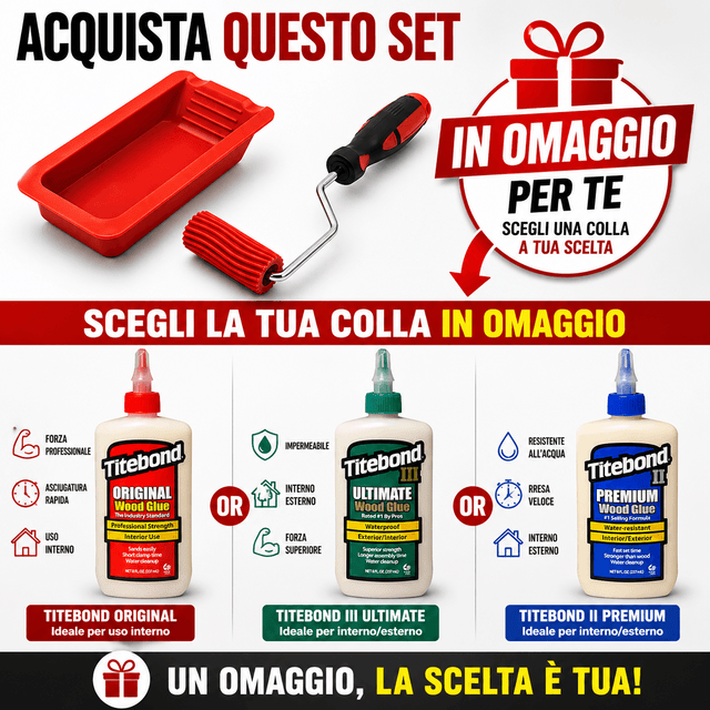 Kit IGM con rullo in silicone Ø 20 mm, larghezza 47 mm, scanalature angolate per trattenere la colla, vaschetta in silicone con intagli frontali, in combo con Titebond a scelta.
