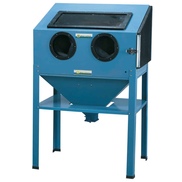 Cabina sabbiatrice Bernardo SB 2 in acciaio con pistola, illuminazione e guanti integrati, ideale per officine e lavori di restauro metalli.