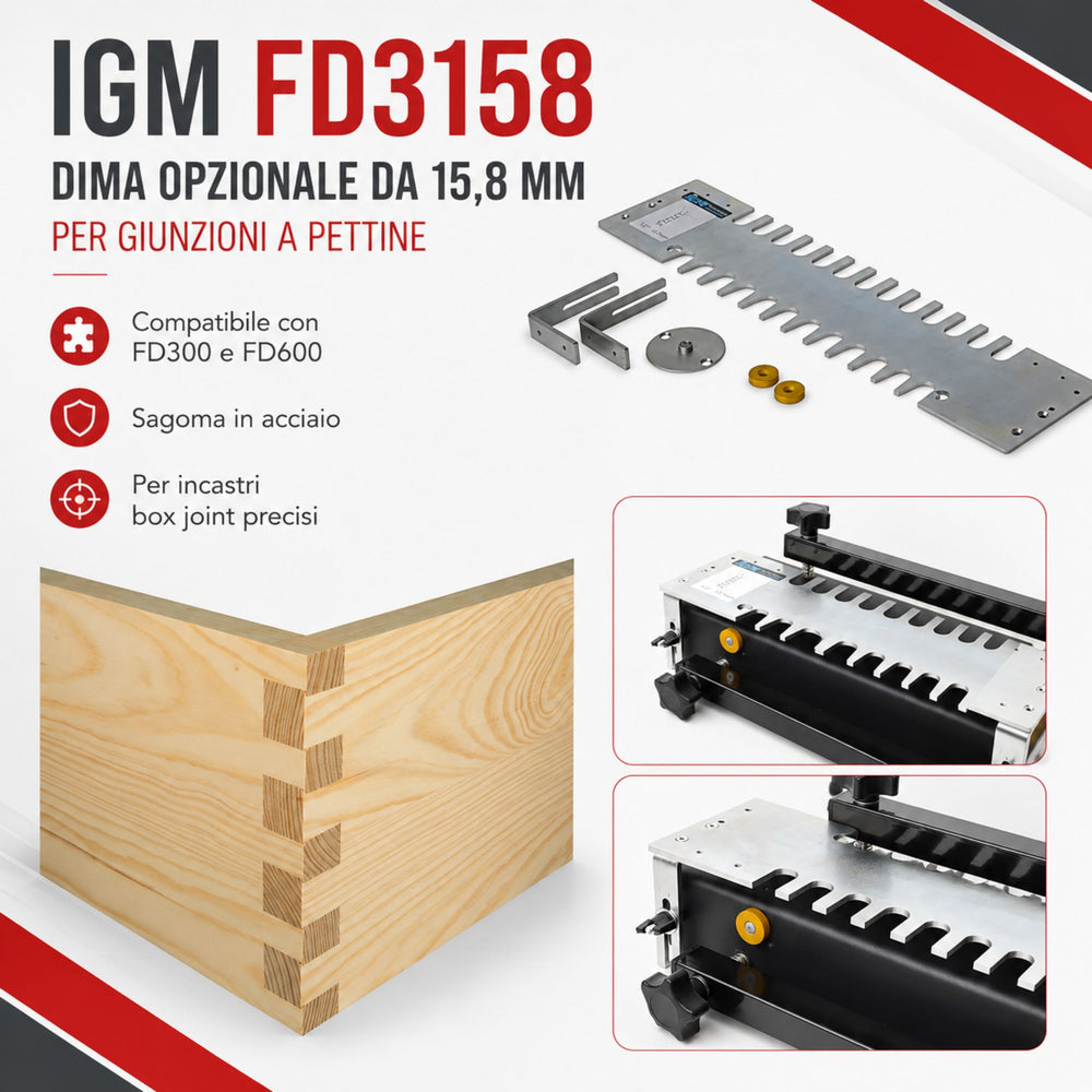Sagoma opzionale reversibile in acciaio IGM FD3170 per incastri a coda di rondine passanti da 12,7 mm, compatibile con dime IGM FD300 e FD600. Include due boccole copiatrici (11,1 mm e 15,8 mm) e fermi gialli. Richiede frese IGM M100-08081 e M118-12981 (non incluse).