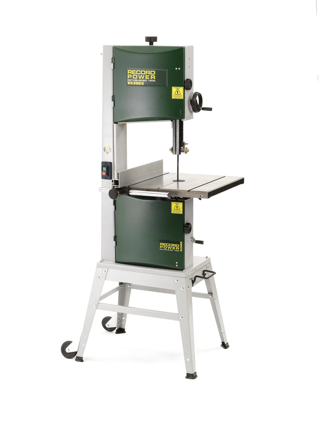 Sega a nastro Premium 350 mm con basamento aperto, piano in ghisa di grandi dimensioni, volani in ghisa bilanciati e guida parallela cromata per tagli precisi nel legno.