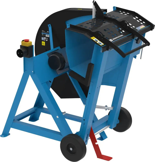 Sega circolare basculante Güde GWS 500 HM-2 con struttura in acciaio, lama HM e carrello di trasporto.