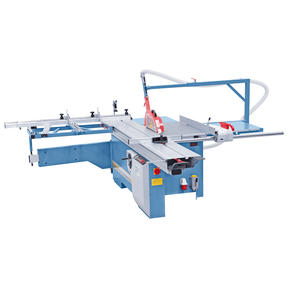 Vista completa della Procut 3200 in officina: sega circolare industriale con carro da 3200 mm e display digitale per angolo di taglio.