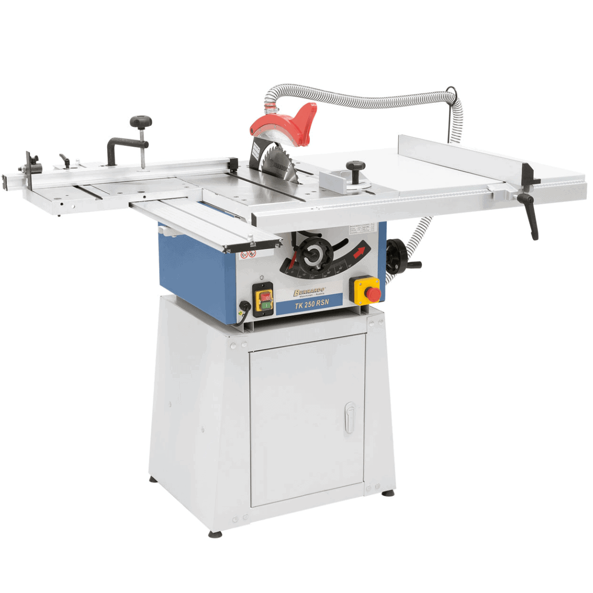 Vista laterale della sega da banco TK 250 RSN con tavolo a rulli, struttura in ghisa e basamento chiuso per la massima rigidità.