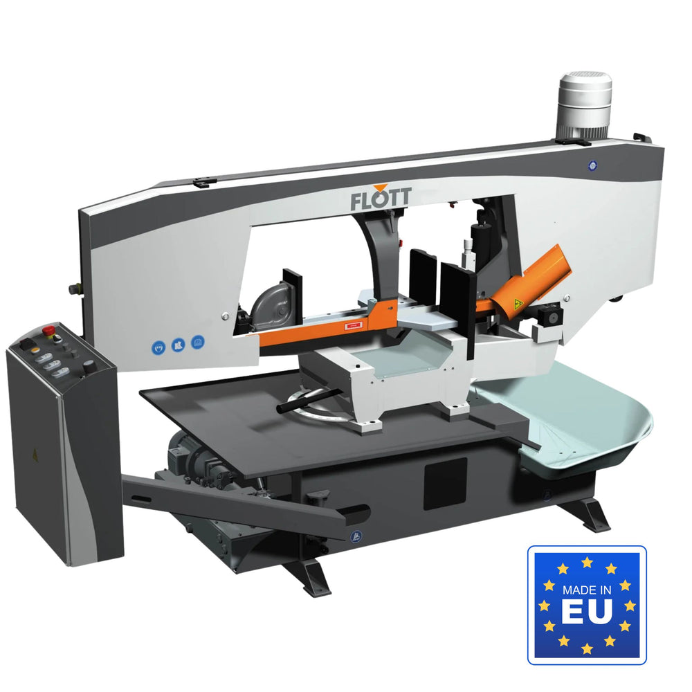 Segatrice a nastro orizzontale Flott HBS 350 HA per metallo, con motore da 3 kW, inverter, ciclo idraulico e taglio a mitra fino a 60°.