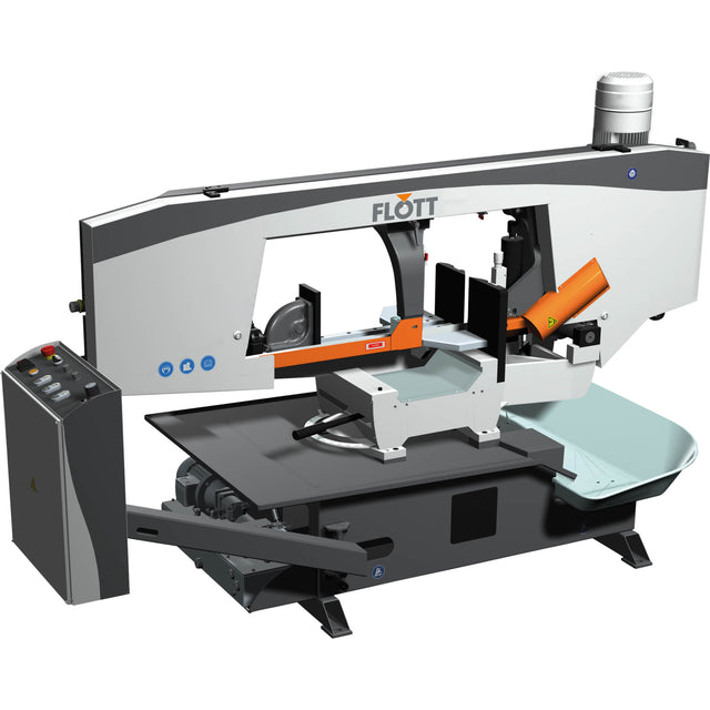 Segatrice a nastro orizzontale Flott HBS 350 HA per metallo, con motore da 3 kW, inverter, ciclo idraulico e taglio a mitra fino a 60°.