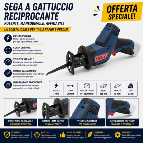 Seghetto alternativo universale a batteria Güde USS 12-0, compatto e maneggevole, ideale per tagli precisi su legno, plastica e metalli leggeri.