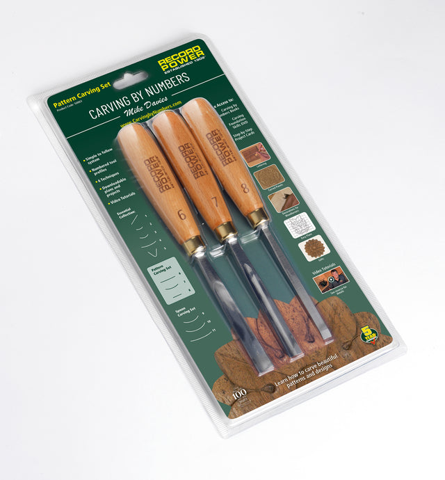 Set di 3 sgorbie da intaglio in acciaio cromo-vanadio, ideali per creare motivi decorativi, pattern ornamentali e disegni artistici su legno.