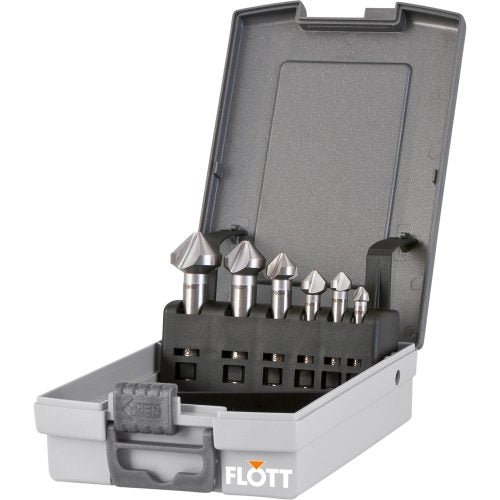 Box ABS contenente set di svasatori conici e sbavatori conformi DIN 335 C per lavorazioni di svasatura e sbavatura su metalli.