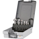 Box ABS contenente set di svasatori conici e sbavatori conformi DIN 335 C per lavorazioni di svasatura e sbavatura su metalli.