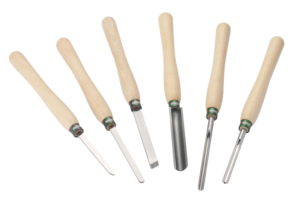 Set Record Power da 6 utensili per tornitura legno in HSS con manici in faggio europeo, per lavorazioni a mandrino e ciotola.
