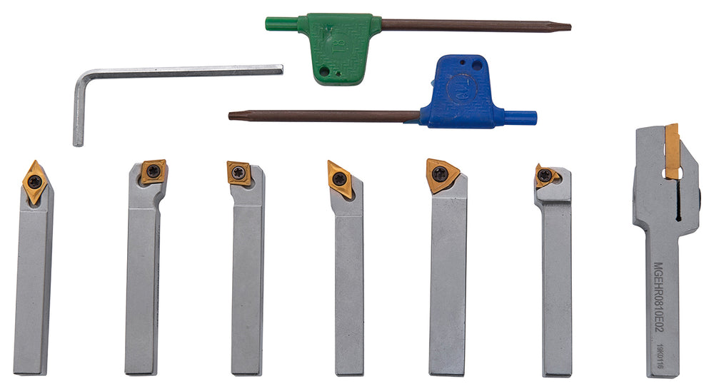 Set utensili da tornitura Bernardo 8 mm, 7 pezzi con inserti in metallo duro rivestiti TiN, forniti in valigetta in alluminio.