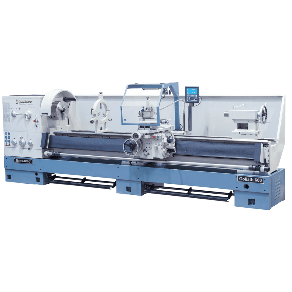 Tornio Bernardo Goliath 660 x 3000 con distanza punte 3000 mm, foro mandrino Ø 105 mm e motore da 9 kW, completo di DRO 3 assi ES-12 V.
