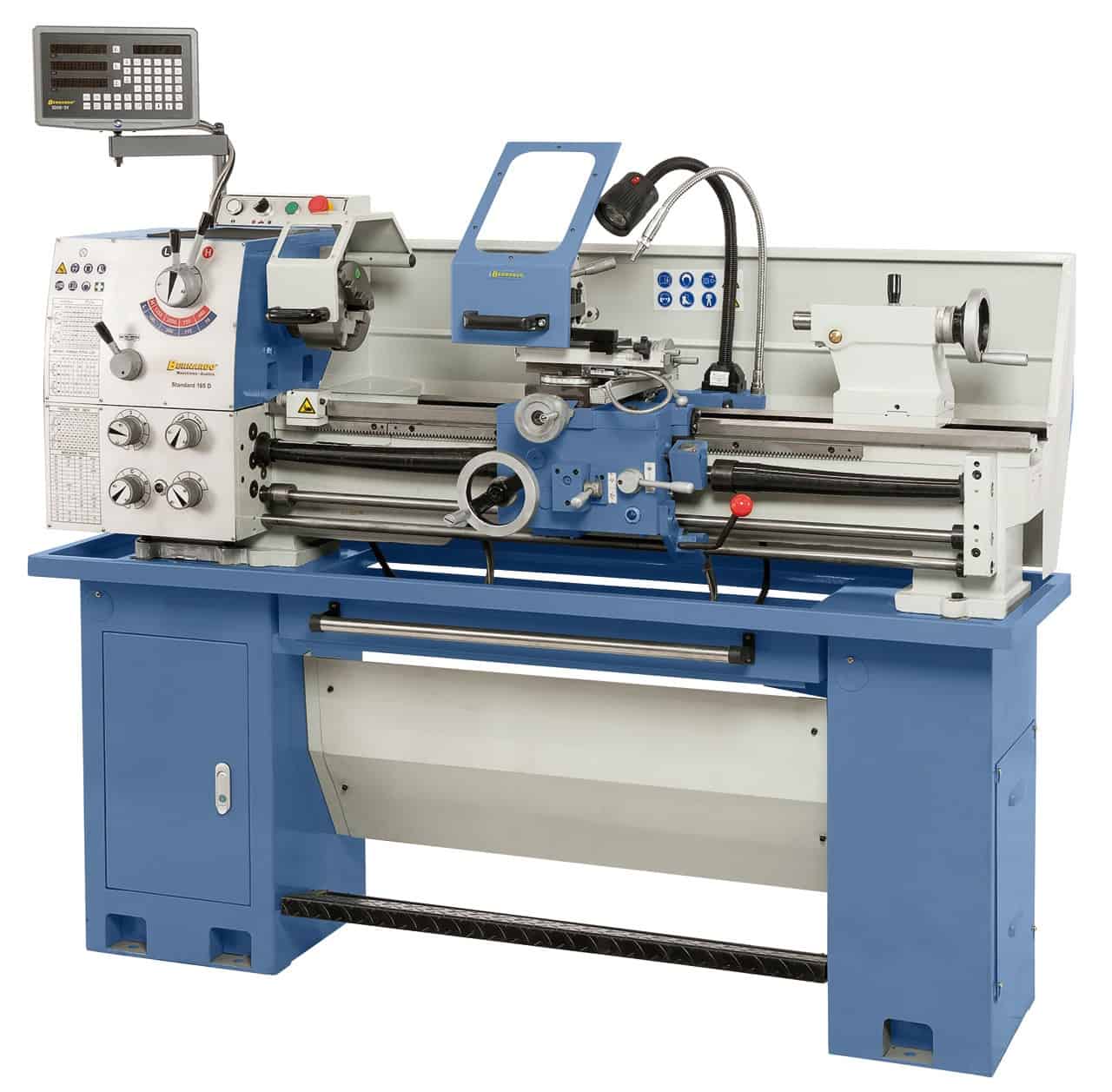 Tornio Bernardo Standard 165 D con distanza punte 1000 mm, foro mandrino Ø 40 mm e motore da 1,5 kW, completo di DRO digitale a 3 assi e accessori.