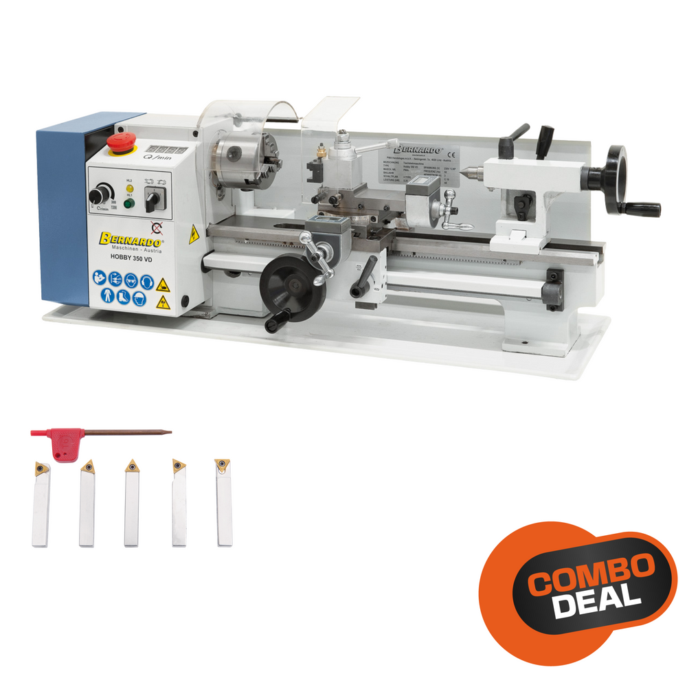 Tornio Bernardo Hobby 350 VD compatto e preciso, con velocità regolabile e set utensili da tornitura incluso.