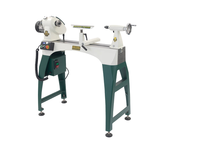 Tornio per legno Record Power Coronet Envoy con struttura in ghisa, velocità regolabile elettronicamente e grande capacità di tornitura fino a 1000 mm, ideale per lavorazioni professionali di grande formato.