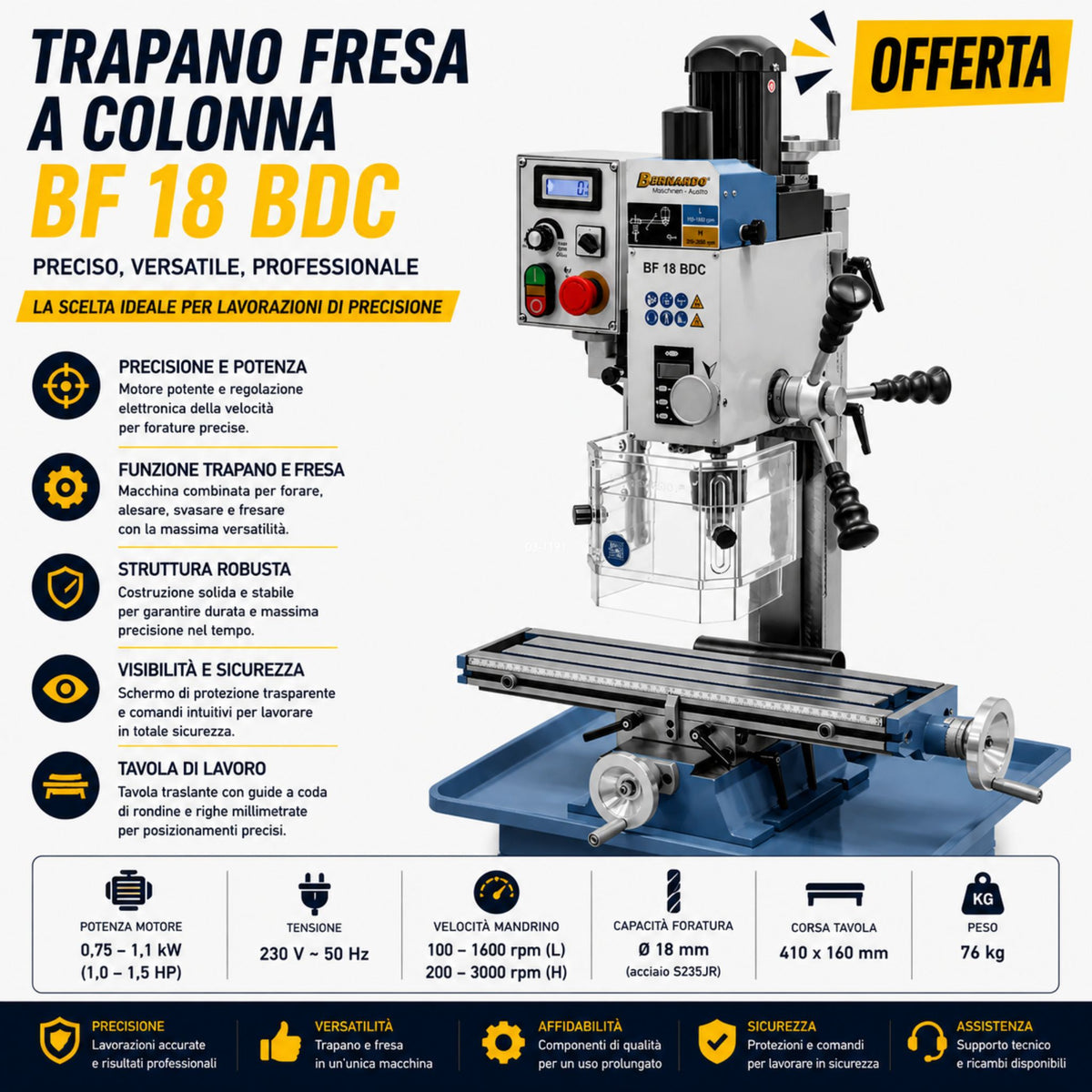 Trapano fresatrice Bernardo BF 18 BDC con display digitale, ideale per lavorazioni di foratura e fresatura su metallo con elevata precisione e controllo dei parametri.