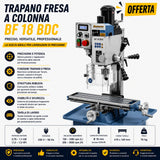 Trapano fresatrice Bernardo BF 18 BDC con display digitale, ideale per lavorazioni di foratura e fresatura su metallo con elevata precisione e controllo dei parametri.