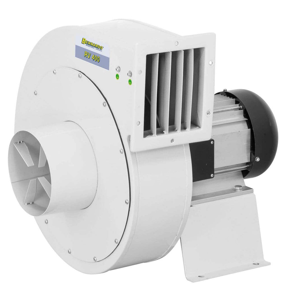 Ventilatore centrifugo Bernardo RV 400 da 4800 m³/h con motore da 7 HP, adattatore per 4 connessioni e struttura in acciaio verniciato, ideale per impianti di aspirazione industriale.