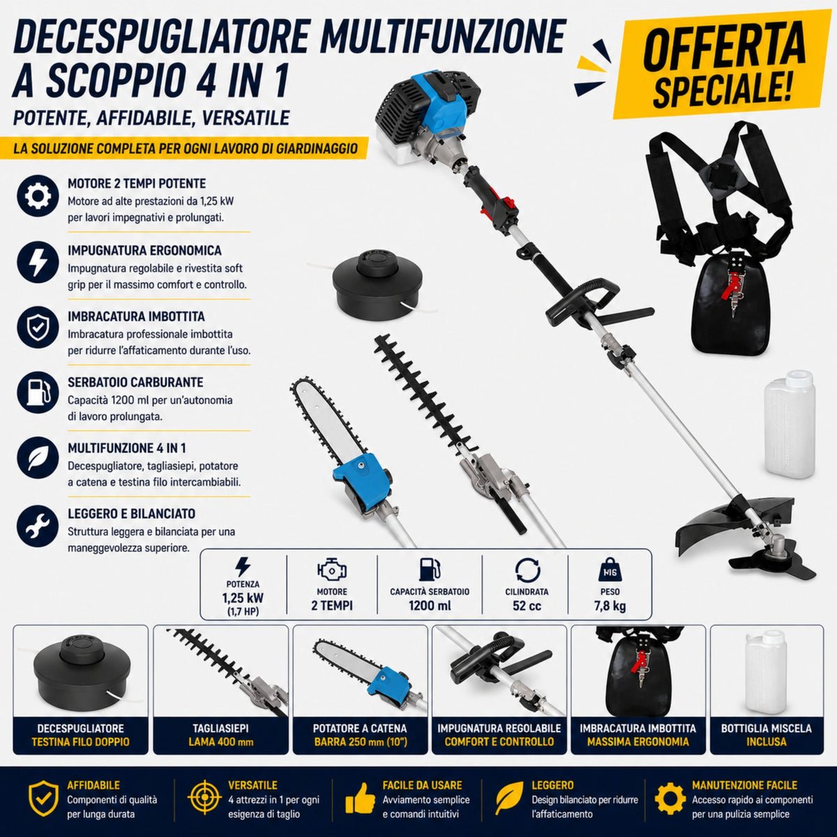 Immagine promozionale di Decespugliatore multifunzione Güde GPS 1001 4in1 – motore 2 tempi 1,2 kW con 4 attrezzi con testo e informazioni sul prodotto.