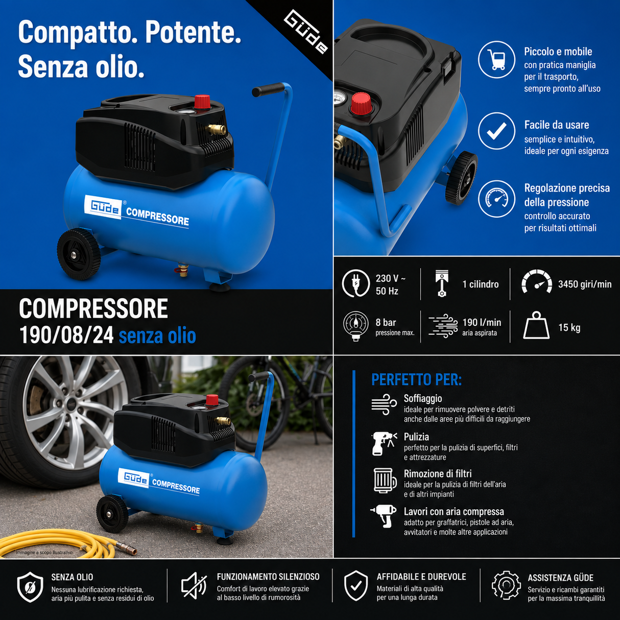 Compressore oil-free Güde 190/08/24 con serbatoio 24 litri