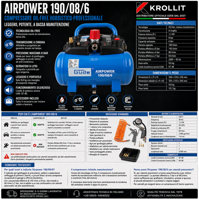 Compressore oil-free Güde Airpower 190/08/6 con serbatoio 6 litri