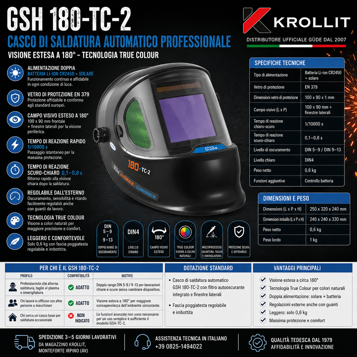 Casco di saldatura automatico Güde GSH 180-TC-2 con visione estesa a 180°