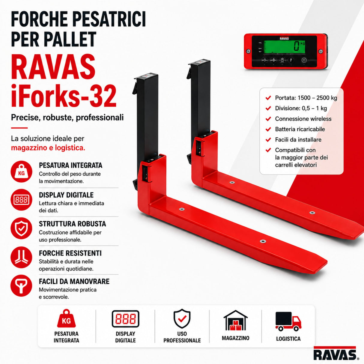 Forche pesatrici wireless RAVAS iForks-32 per carrelli elevatori, portata fino a 5.000 kg