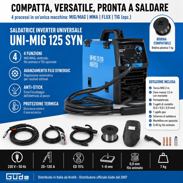 Saldatrice inverter Güde Uni-Mig 125 SYN 230V monofase compatta con traino filo synergic e tecnologia IGBT