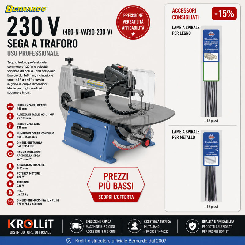 Kombinirani komplet dekupirne žage Bernardo 460 N Vario 230 V + 130-mm žagini listi z zatičem za les (12 kos) + 130-mm žagini listi z zatičem za kovino (12 kos)