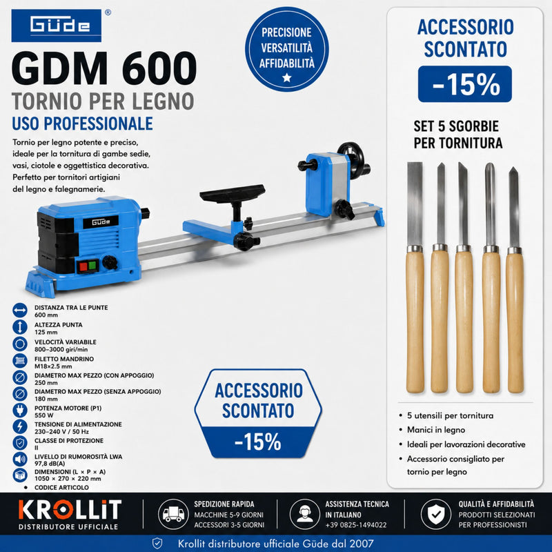 Kombinirani komplet stružnice za les Güde GDM 600 + Komplet 5 stružnih dlet