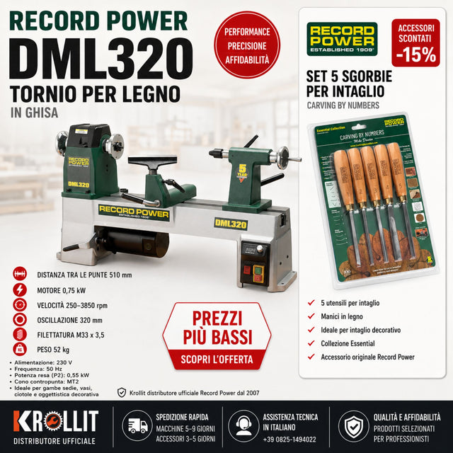 Tornio per legno Record Power DML320 12" in ghisa con set sgorbie da intaglio