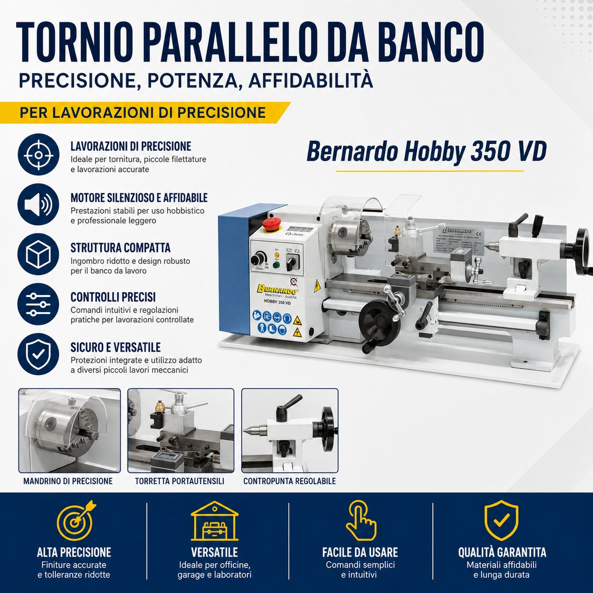 Stružnica za kovino Bernardo Hobby 350 VD – medosna razdalja 350 mm, digitalni prikazovalnik hitrosti + voziček, avtomatsko podajanje, motor 0,35 kW, enofazna 230 V, teža 44 kg