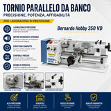 Stružnica za kovino Bernardo Hobby 350 VD – medosna razdalja 350 mm, digitalni prikazovalnik hitrosti + voziček, avtomatsko podajanje, motor 0,35 kW, enofazna 230 V, teža 44 kg