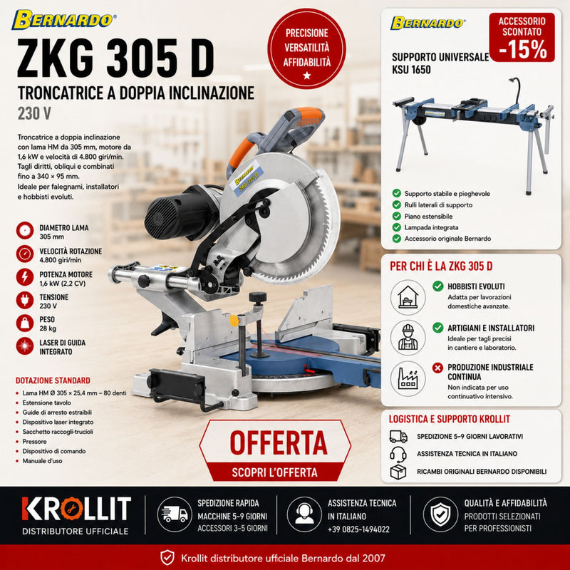 Kombinirani komplet zajeralne žage z dvojnim nagibom Bernardo ZKG 305 D 230 V + Stojalo Bernardo KSU 1560